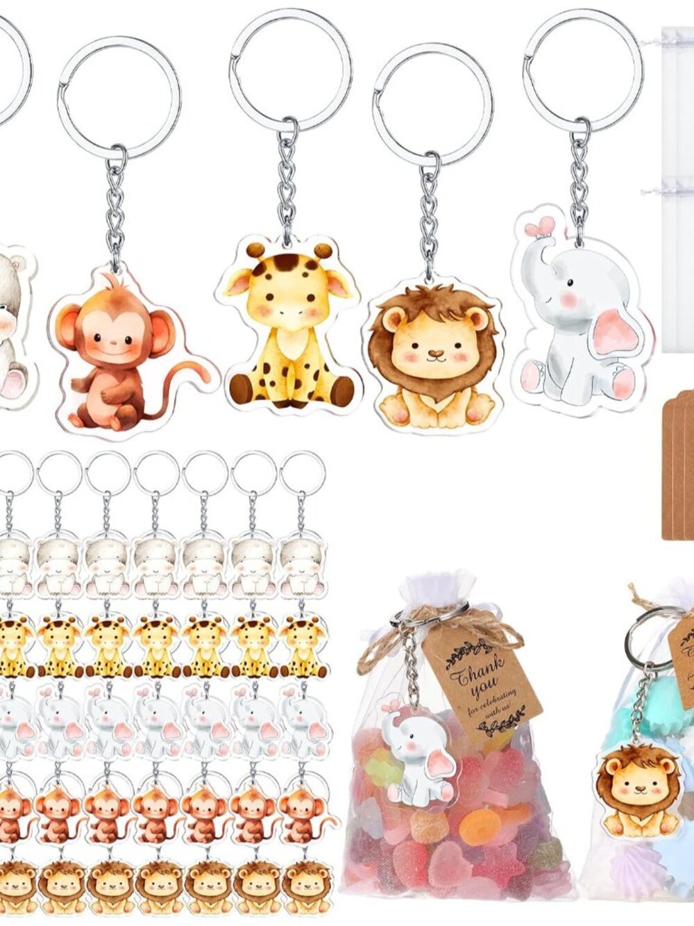50 Set Baby Shower Favors for Guest Safari Animals Keychains Bulk